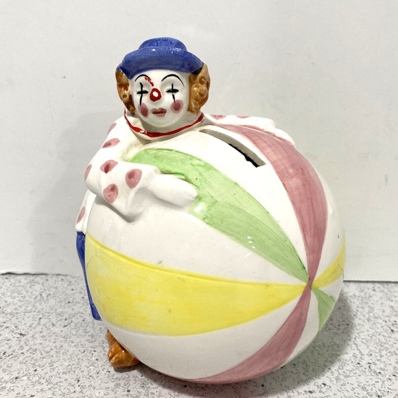 Vintage Collectible Piggy Bank Ceramic Clown on Circus Ball Colorful Whimsical - Picture 11 of 11